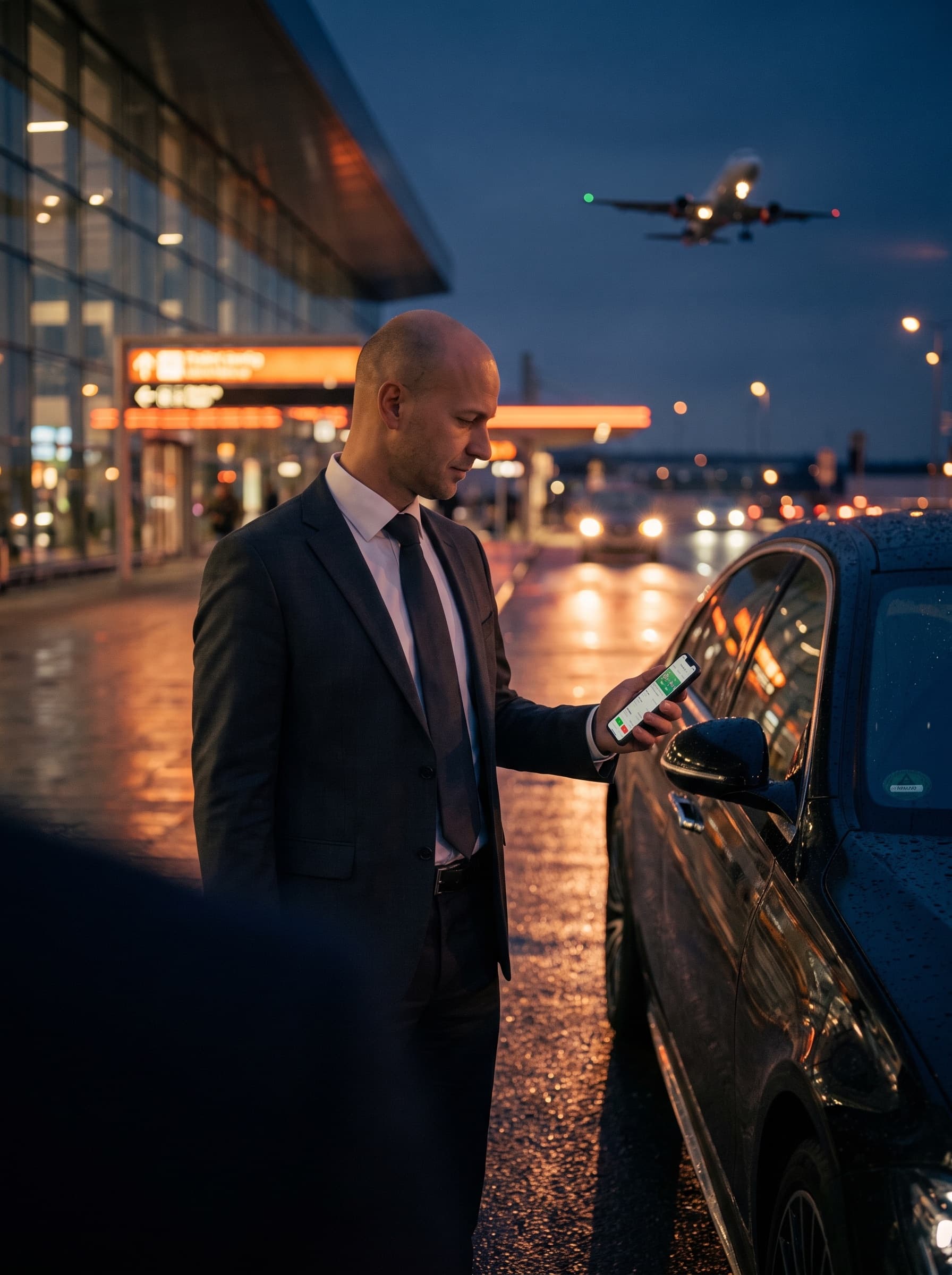 Chauffeur checking the live flight status beside the Mercedes at Prague Airport