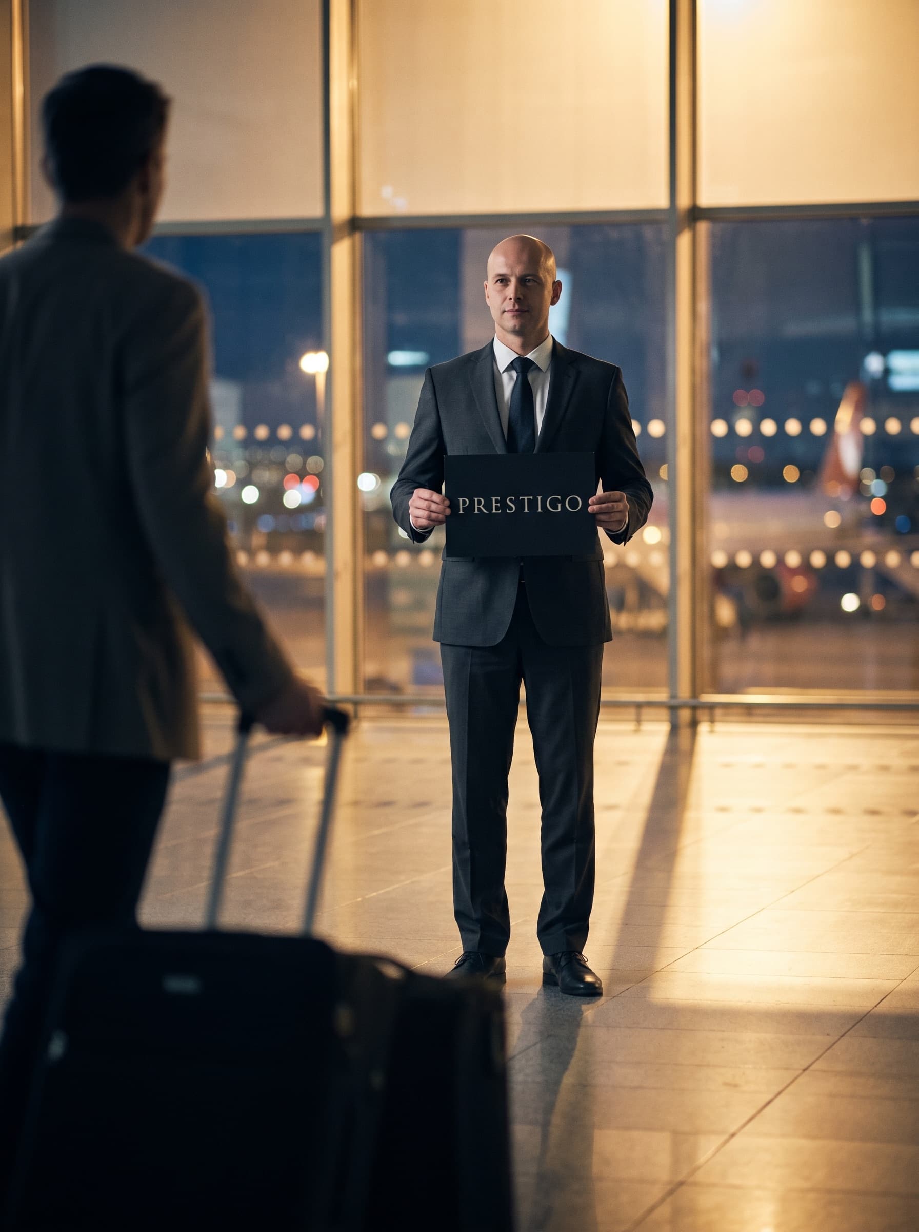 PRESTIGO chauffeur waiting with a name board at Prague Airport Arrivals